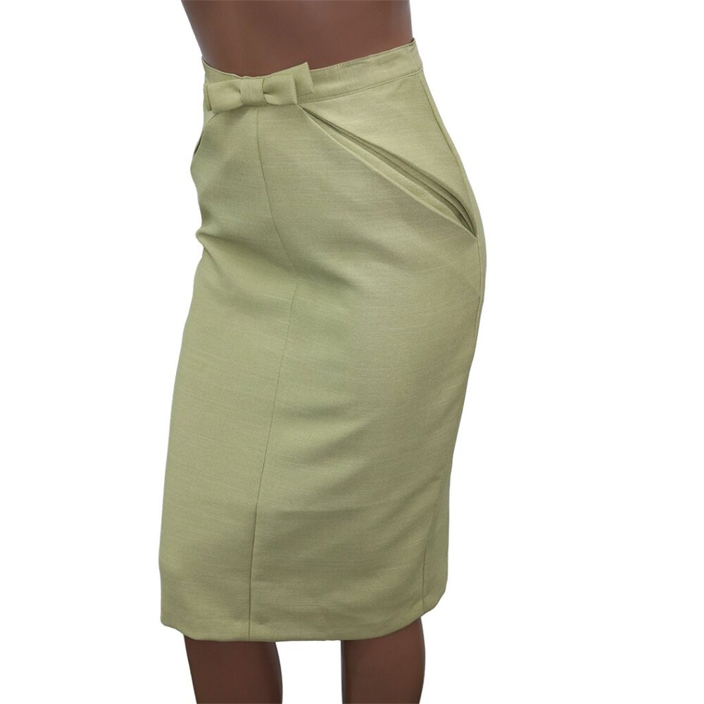 KOZA COLLECTION Vintage Sage Green High Waist Pencil Skirt Bow Detail XS - Picture 3 of 5